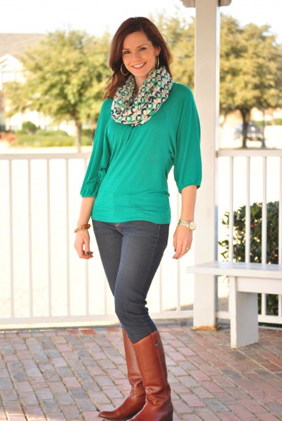 Green long sleeve chiffon top with infinity scarf and brown boots