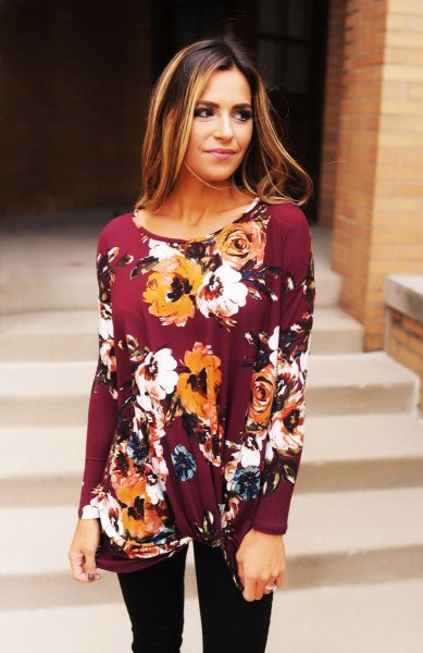Green twist front long sleeve floral printed top paired with black skinny jeans