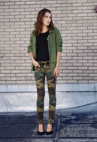 Green parka jacket with camo jeans and black ballet flats