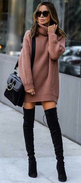 Green Ribbed Sweater Dress with Black Suede Over The Knee Boots