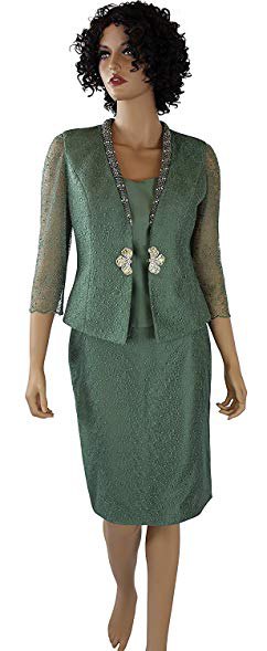 Green skirt suit with semi-transparent sleeves and silk blouse