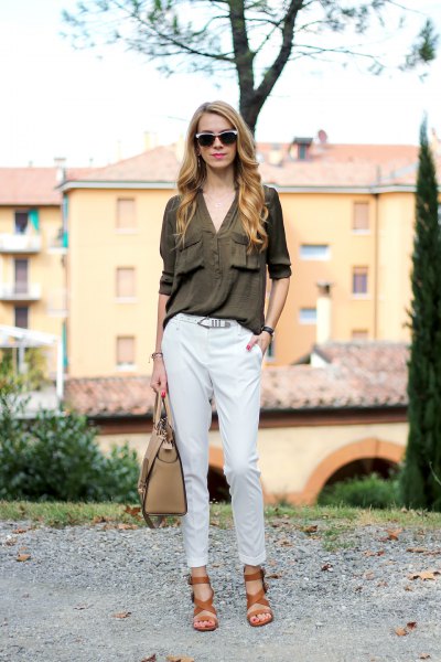 green shirt with white chinos and brown sandals