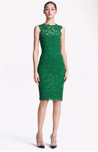 Green sleeveless bodycon lace midi dress