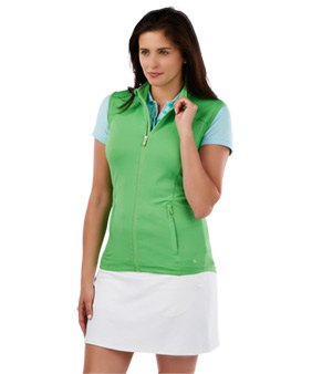 green sleeveless polo pullover with light blue t-shirt and white mini skirt