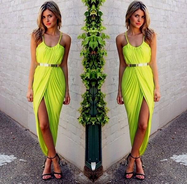 Green maxi wrap dress with high slit and spaghetti straps and belt