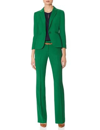 Green suit jacket with high waisted straight leg trousers