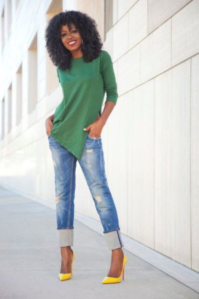 Green tunic shirt with blue slim fit ripped cuffed jeans