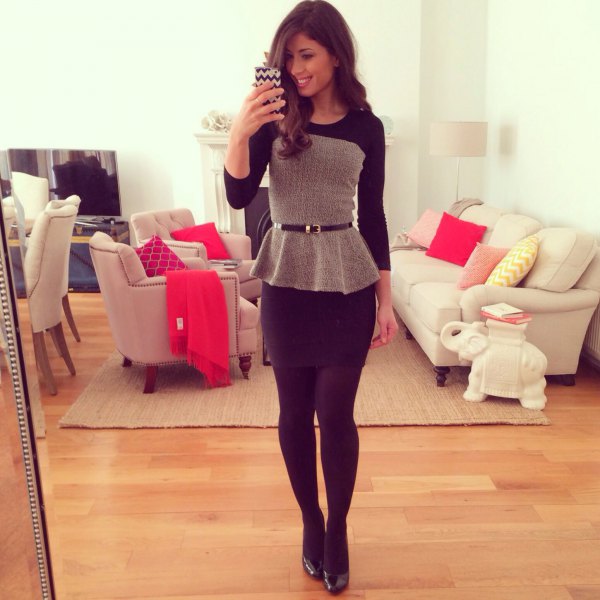 Gray and black peplum top with color block belt and mini skirt