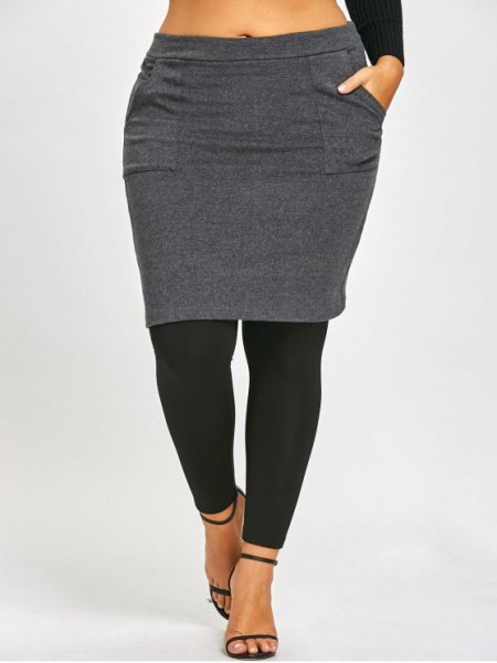 gray and black skirted leggings and cropped long sleeve t-shirt