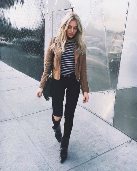 grey-black striped sweater with brown leather jacket