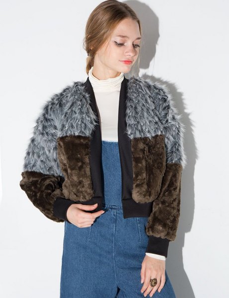 Gray and brown color block faux fur bomber jacket and denim suspender dress