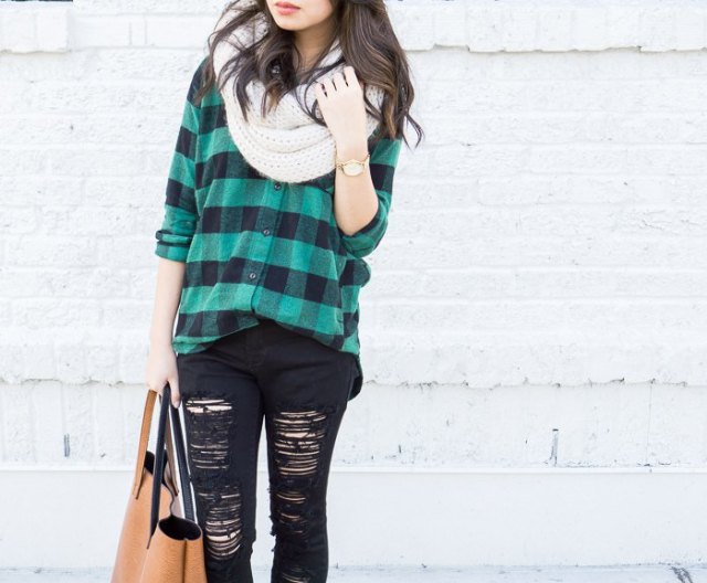 Gray and green plaid boyfriend shirt with distressed black jeans