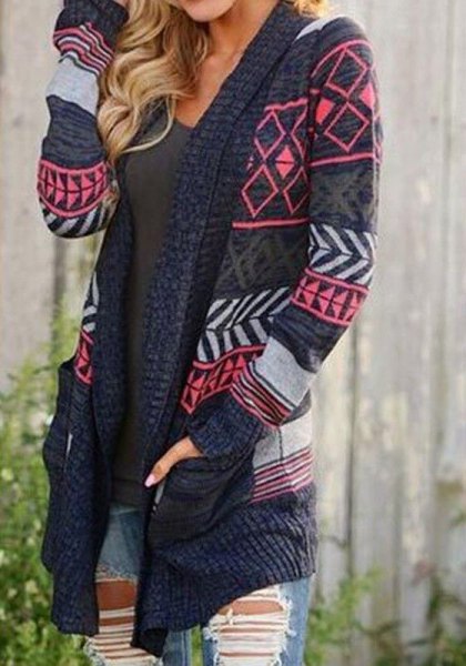 Gray and navy blue tribal cardigan and blue ripped mini denim shorts