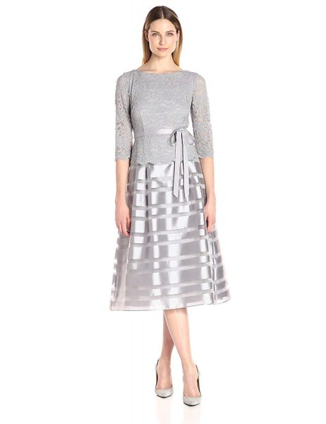 Mid-length fit and flare dress in gray and silver