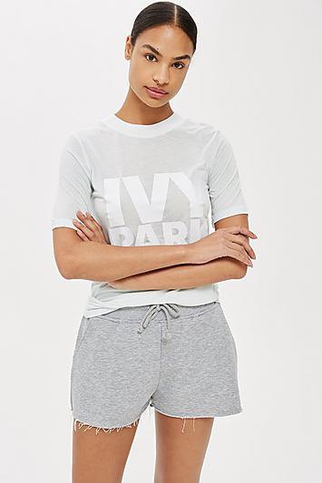 Gray and white graphic tee with mini sweat shorts
