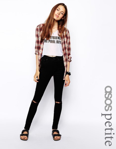 Gray and white check boyfriend shirt with printed cropped t-shirt