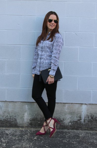 gray and white striped shirt with burgundy suede strappy shoes