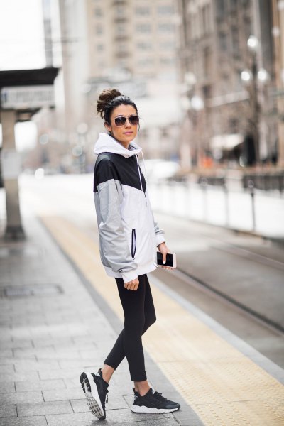 Grey, black and white windbreaker jacket with running tights