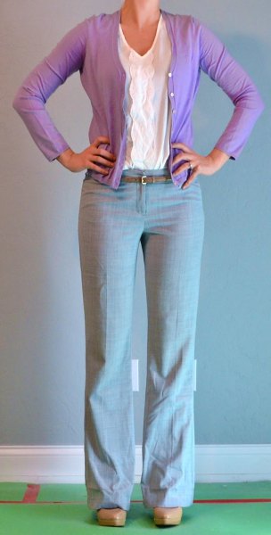 Gray cardigan sweater with a chiffon blouse and wide-cut suit trousers