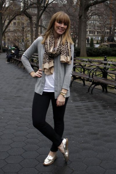 gray cardigan with leopard print scarf and gold loafers