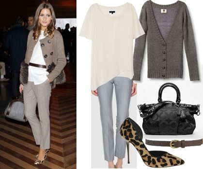 gray cardigan with white belted blouse and chinos