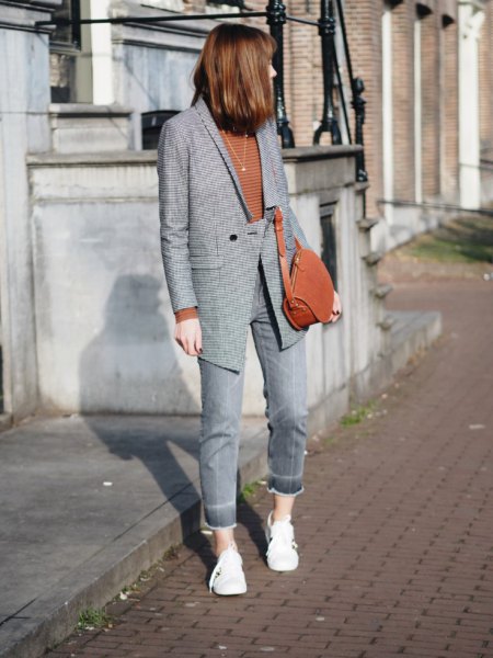 Gray checked blazer with jeans and green sweater