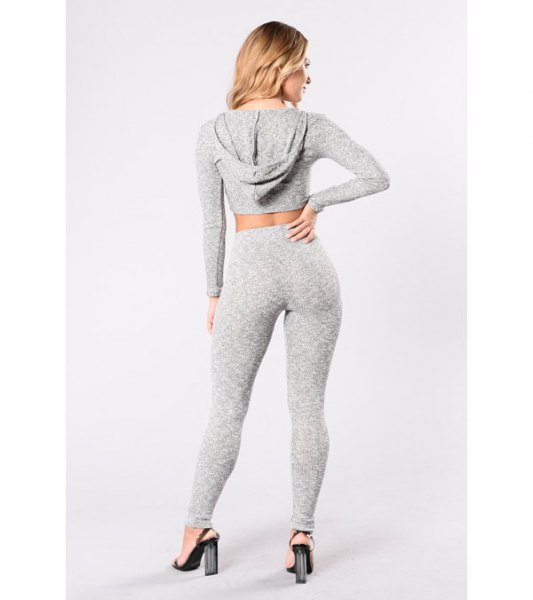 Gray cropped hoodie with matching high waisted leggings and heels