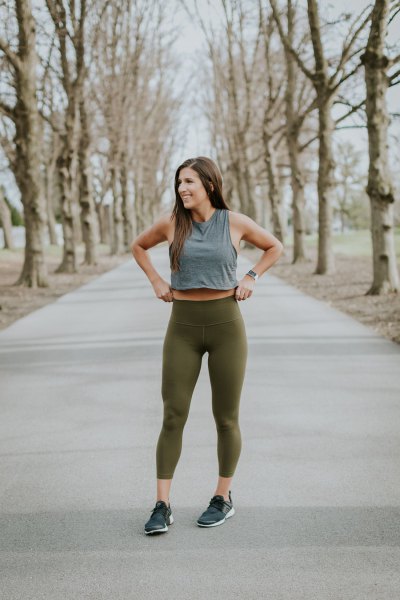 gray cropped tank top with green cropped gym leggings