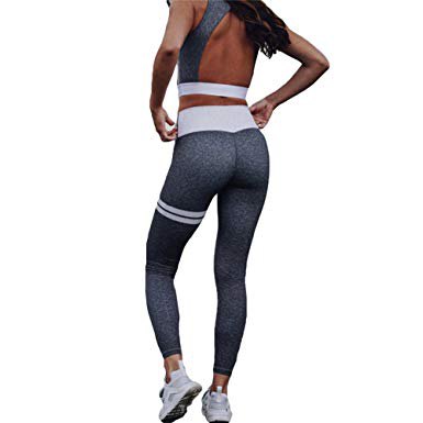 Gray sports top with a back cutout and matching running tights