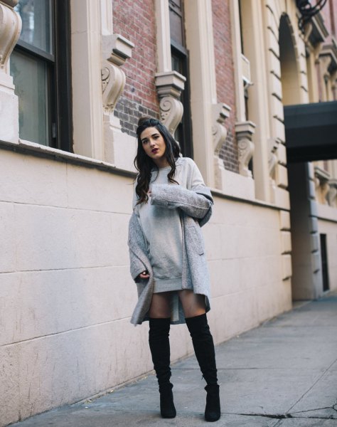 gray dress with long wool coat and thigh high boots