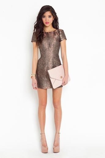Gray metallic fit and flare mini dress with pale pink leather clutch