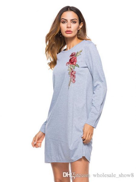 Gray floral print long sleeve t-shirt dress