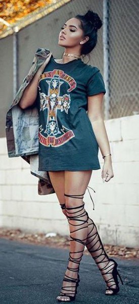 Gray graphic t-shirt dress with strappy thigh high gladiator style heels