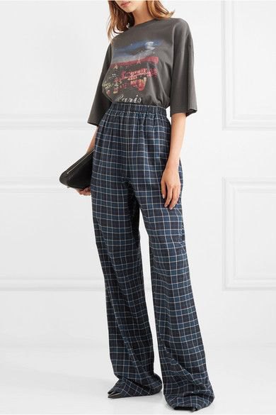 Gray graphic t-shirt with blue wide-leg high-rise plaid flannel pants