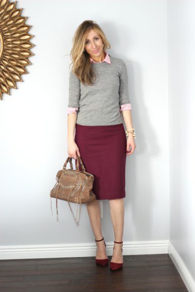 Gray half sleeve sweater, white button down shirt and burgundy pencil skirt