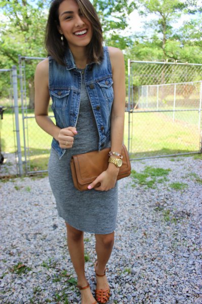 gray knee-length sleeveless dress with blue denim vest