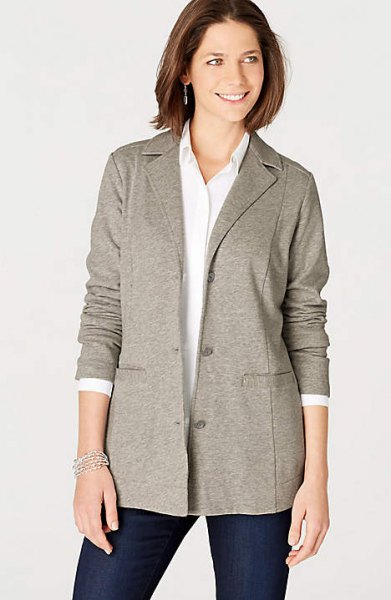 gray knitted blazer jacket with white buttoned shirt