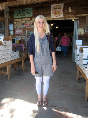 gray linen top with matching shorts and white footless leggings