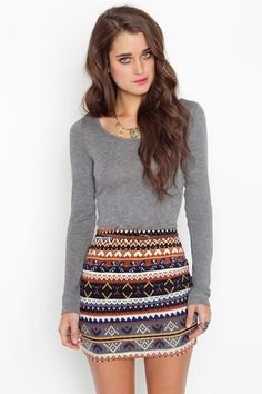 Gray long sleeve top with tribal printed mini skirt