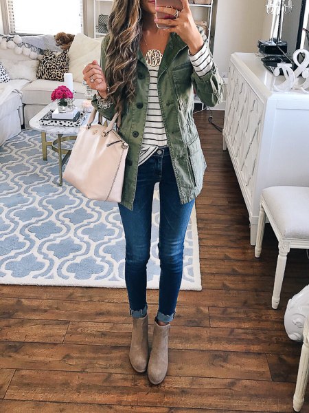 gray long denim jacket with striped t-shirt