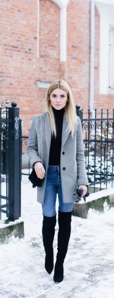 gray long wool coat with light blue skinny jeans