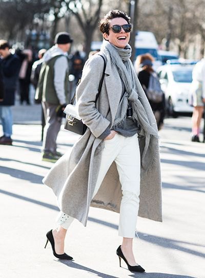 gray long wool coat with pashmina scarf and white ankle jeans