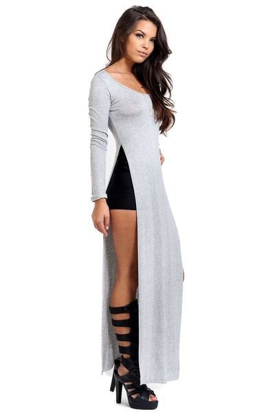 Gray maxi t-shirt with a side slit and black knee high boots with a
strappy neckline