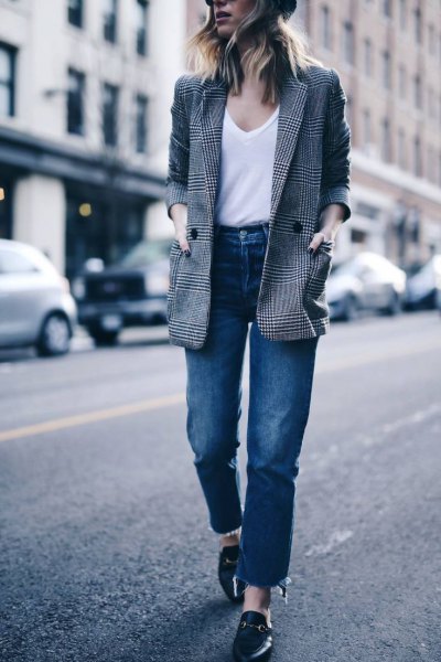 gray plaid jacket with white scoop neck tank top and high waisted jeans
