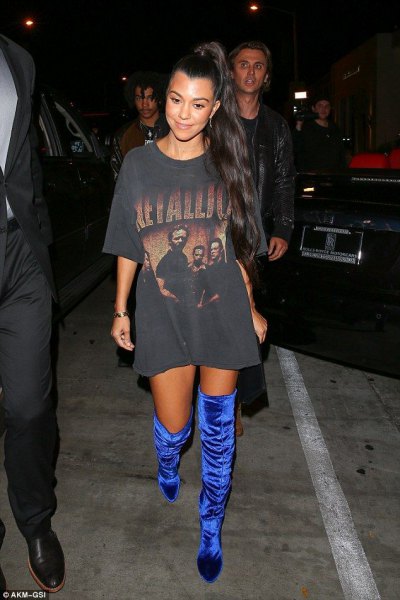 Gray printed t-shirt dress with royal blue velvet thigh high boots
