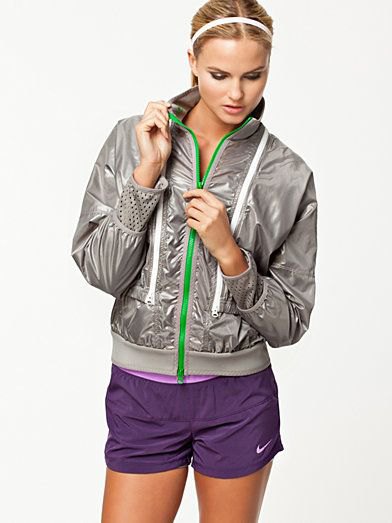 gray quilted nylon jacket with purple sweatpants