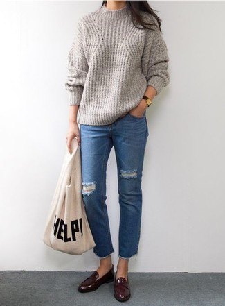 Gray ribbed crew-neck sweater, blue cropped jeans and burgundy loafers