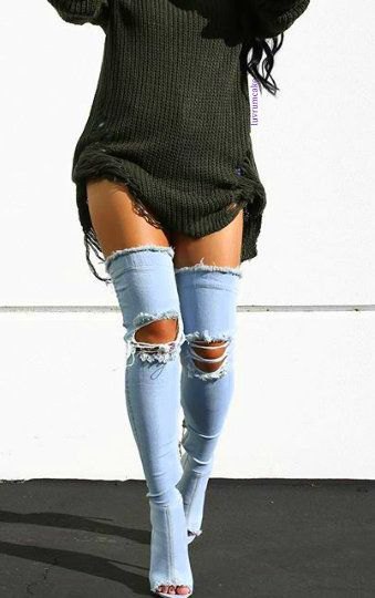 gray ribbed sweater dress with thigh high ripped denim boots