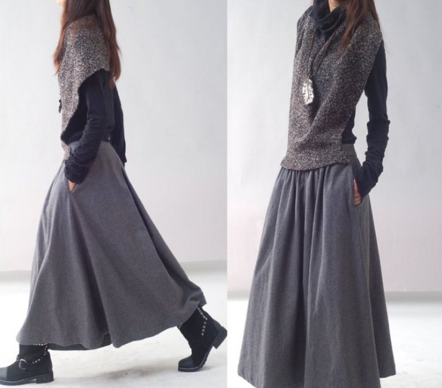 gray scarf with black blouse and maxi linen skirt