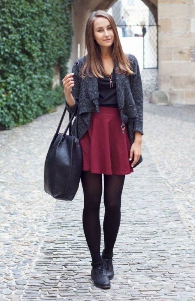 gray short knitted blazer with red mini pleated skirt